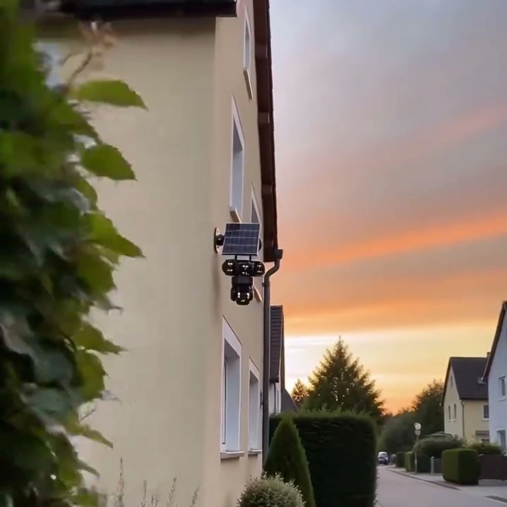 La cámara solar montada en la esquina de una casa al final de la calle, al atardecer