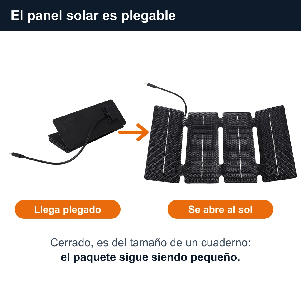 El panel solar plegable: a la izquierda cerrado, del tamaño de un cuaderno, como llega en la caja; a la derecha abierto al sol