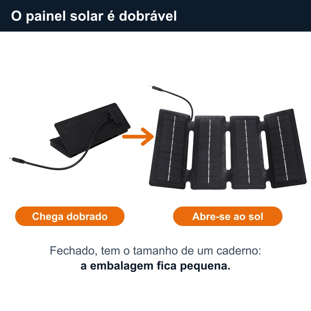 O painel solar dobrável: à esquerda fechado, do tamanho de um caderno, como chega na caixa; à direita aberto ao sol