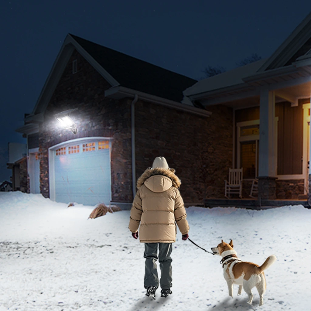 Una casa en invierno con nieve en el patio, los focos encendidos y una mujer que saca al perro