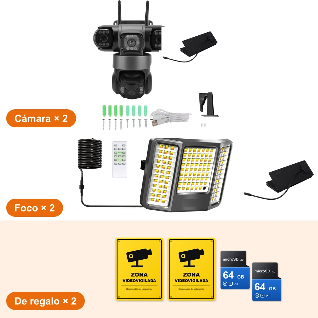 El contenido, una pieza de cada tipo y cada una por dos: arriba la cámara con su panel plegable cerrado, el soporte, los tornillos, los tacos y el cable; en el centro el foco con el cable, el mando y su panel plegable cerrado; abajo los regalos, los carteles «Zona videovigilada» y las tarjetas microSD de 64 GB